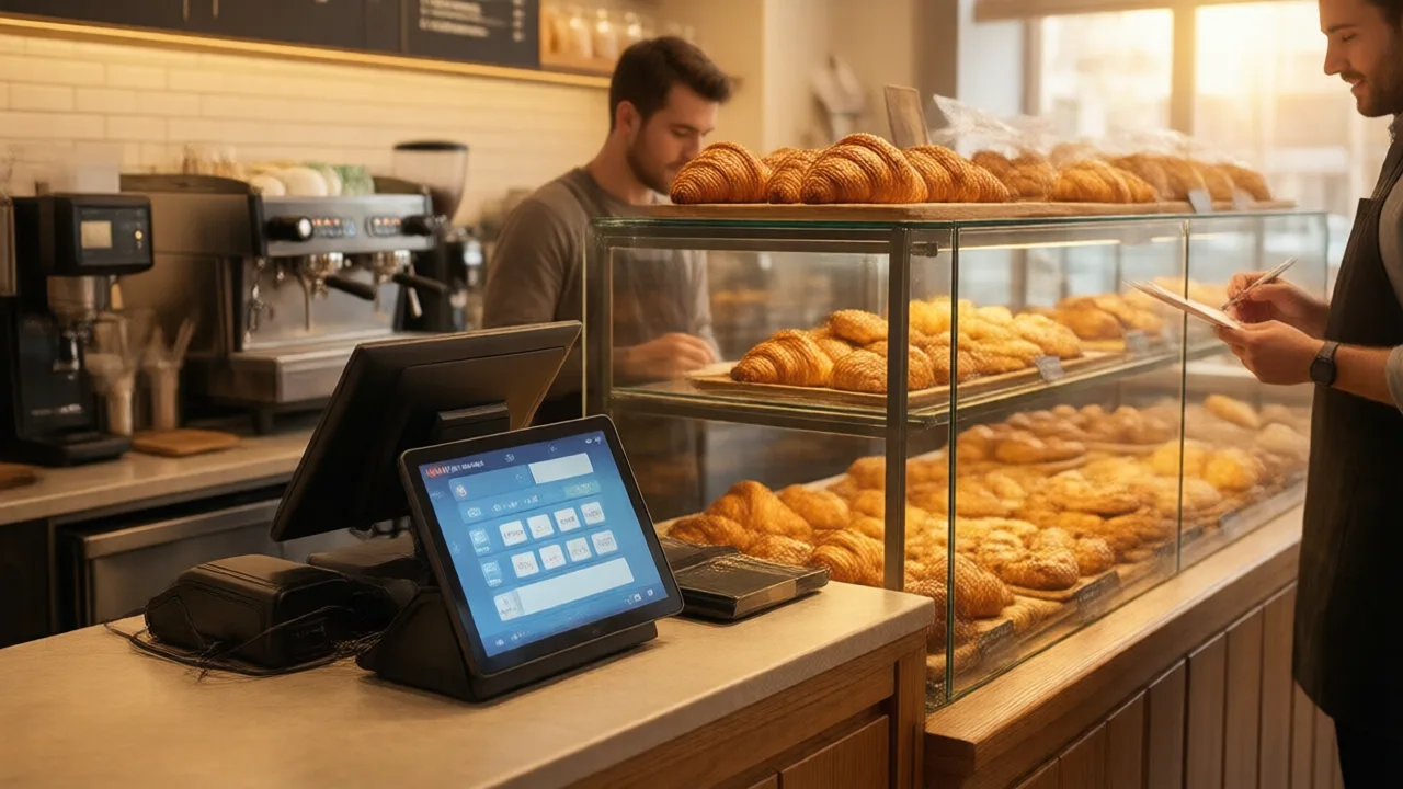 A warm bakery and cafe counter with a tablet POS terminal, a glass display case of pastries and bread, and a barista taking a customer order