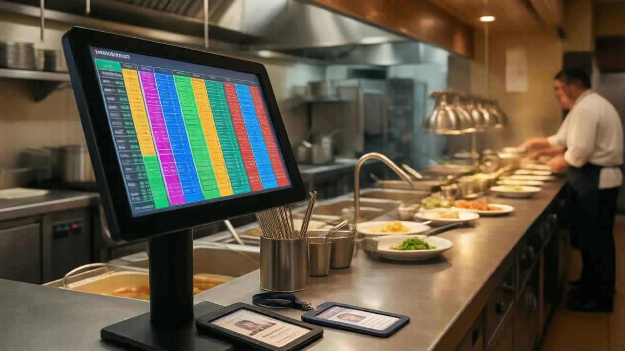 Wall-mounted kitchen display system screen showing colorful digital order tickets above a stainless steel restaurant prep line