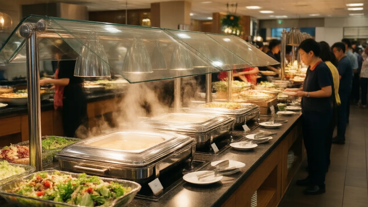Busy restaurant hot buffet line with sneeze guards, steaming chafing dishes and a fresh salad station as guests serve themselves