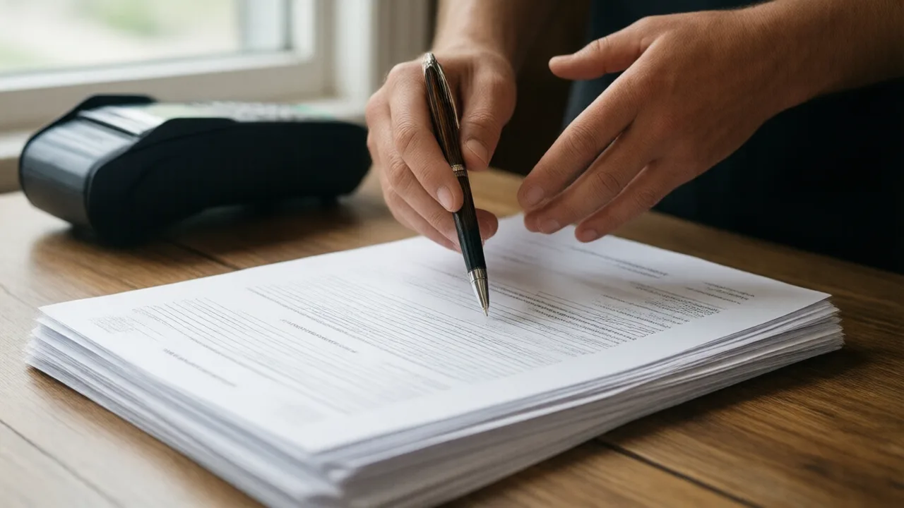 Restaurant owner's hands holding a pen over a stack of unmarked contract pages on a wooden table with POS hardware blurred behind