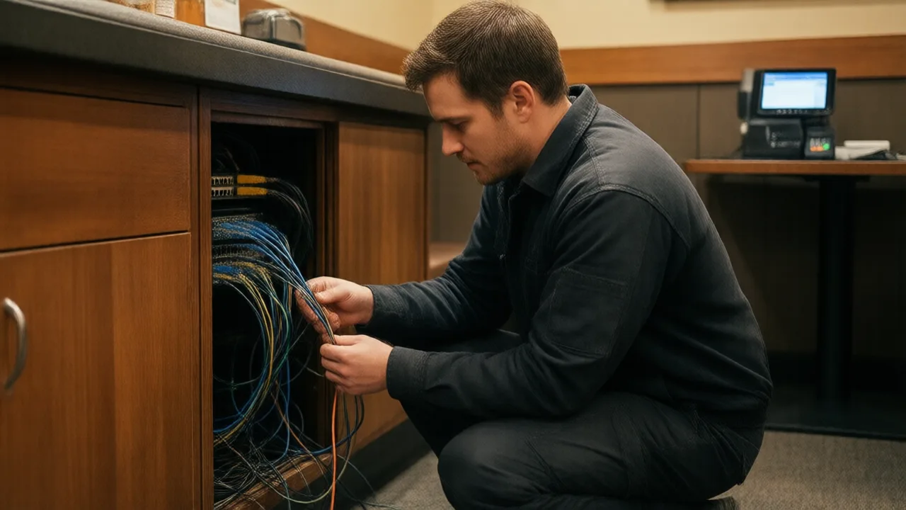 Technician kneeling to connect an ethernet cable into a network switch inside a restaurant back office cabinet with a POS terminal powered on behind