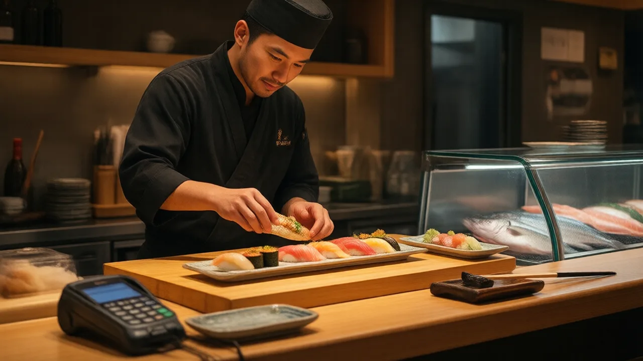 Sushi chef behind a wooden counter placing nigiri on a plate with a handheld ordering device resting on the counter edge