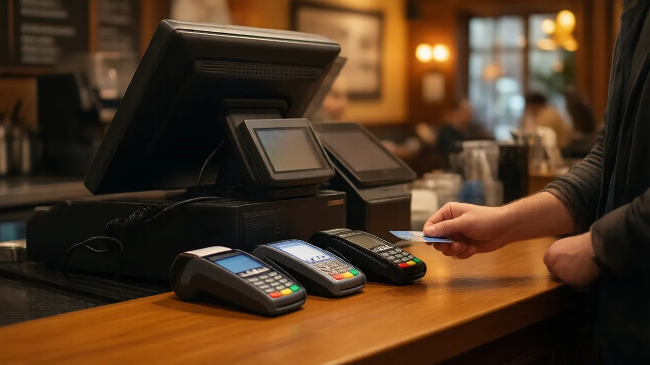 Restaurant checkout counter with a POS terminal and two different countertop card readers side by side as a guest taps a card